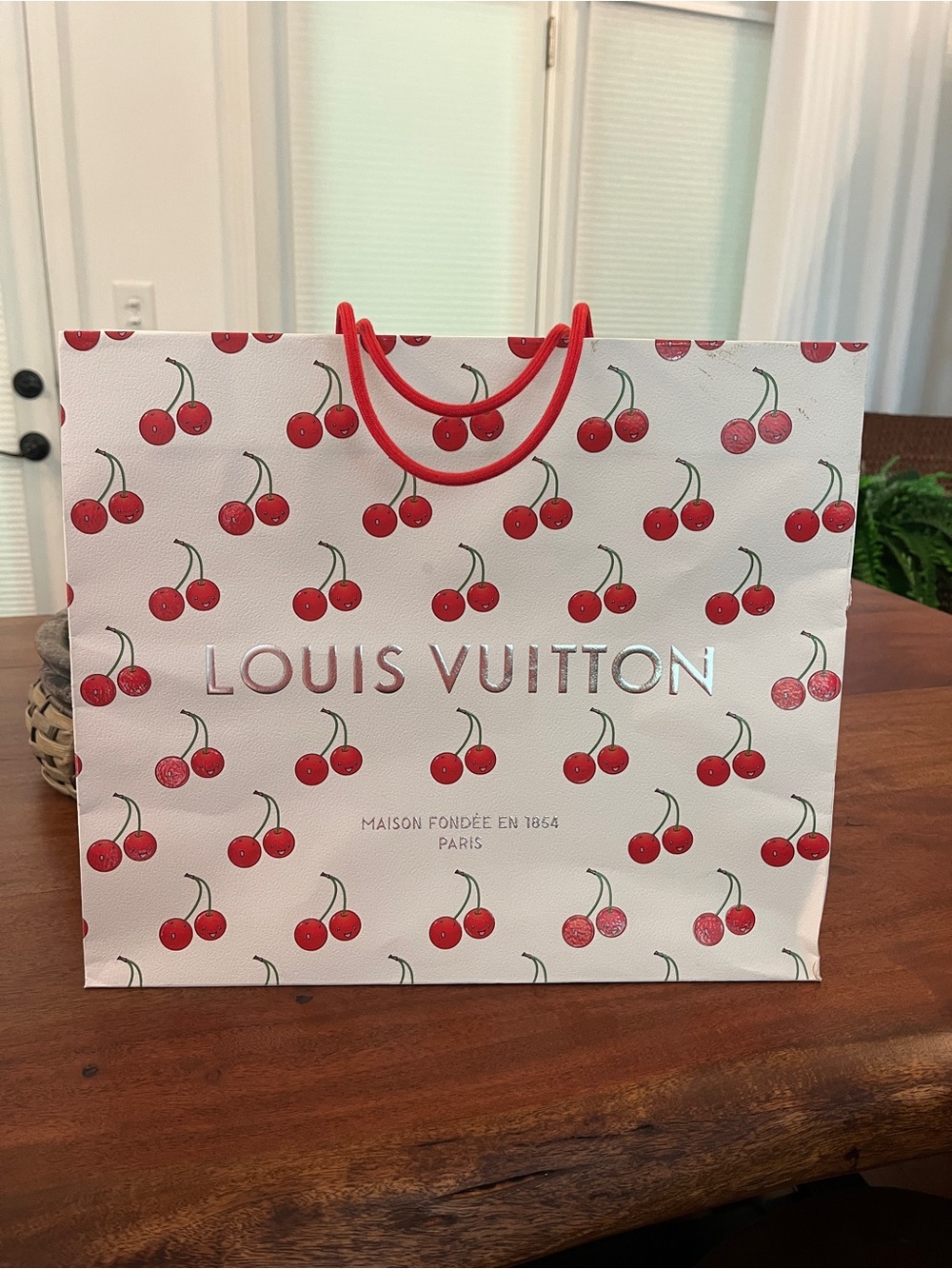 Louis Vuitton White Paper Shopping Bag Takashi Murakami Cherry Print Red Handles